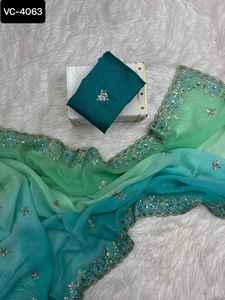 Vêtements ethniques indiens broderie lourde et travail de séquence Saree avec fantaisie Mono Banglory avec chemisier de travail de broderie pour les femmes - Product Image 5