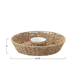 Plateau de service rond en porcelaine et rotin rustique, nouveau design 2023, très vendu, pour chips et sauce, idéal pour les buffets, Vecraft VC-103 - Product Image 3