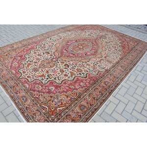 Vintage turc classique grande surface laine tapis Beige rouge Patchwork Design Rectangle couloir plat tissage Technique fourrure Latex 8.1 X - Product Image 2