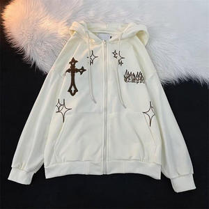 Custom Men's Vintagezipper Hoodie 100% Cotton 500gsm Distressed Cropped Hem Acid Washing Digital Autumn Embroidered Fabric - Product Image 3