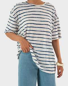 Camisetas de Verano para Mujer al por Mayor, Personalizadas, de Alta Calidad, Tela de Algodón, Camisa con Rayas Azul Marino, Fabricadas en Pakistán - Product Image 3