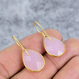 925 Sterling <b>Silver</b> Women's Dainty Pink Chalcedony Earrings Gold Plated Pear Gemstone Trendy Wedding Gift for Her - Product Image 4