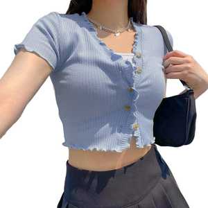 Custom Plain Blue Tops Y2k Luxury Summer V Neck Knitted <b>Cardigan</b> OEM ODM <b>Crop</b> Tank Ribbed Tank Top With Piping <b>Women</b> Camisoles - Product Image 1