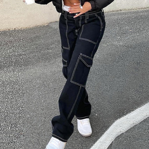 กางเกงคาร์โก้ตรงเอวสูงลำลองสำหรับผู้หญิง, กางเกงยีนส์ทรงตรงเอวสูงผ้าฝ้าย100% ซักได้ลายทางด้านข้างระบายอากาศได้ดี - Product Image 2