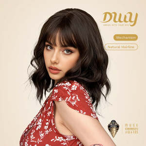 Gemma-DWY 12 Inches Natural Black Short Bob Curly Glueless Synthetic <b>Wig</b> with Transparent Lace Bangs for Women Machine Made - Product Image 2