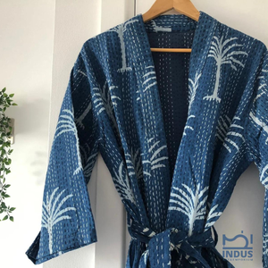 Albornoz Kantha de algodón índigo indio con estampado de bloques a mano, Kimono de algodón con estampado de palmeras, albornoz envolvente - Product Image 6