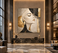 Peinture sur toile abstraite de luxe avec portrait de femme en feuille d'or, beige et noir, pour décoration murale de salon