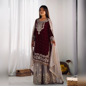Luxury georgette plazzo salwar kameez with heavy <b>thread</b> work top and plazzo with dupatta pair for casual outing boutique style - Product Image 2