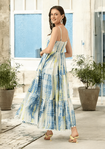 ชุดแมกซี่มัดย้อมหวานโบฮีเมียนเอวธรรมชาติใส่ไปทะเลสายสปาเก็ตตี้ทำมือเป็นมิตรต่อสิ่งแวดล้อม - Product Image 3