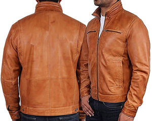 Nouveau élégant robuste en cuir véritable varsity veste fermeture à glissière col montant à capuche double poitrine poches automne saison peau de vache - Product Image 6