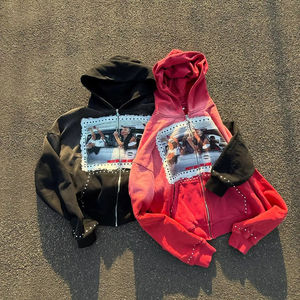 Ropa de calle para hombre, Sudadera con capucha de felpa francesa de gran tamaño, 100% algodón, estampado DTG, cremallera, lavado ácido, sudadera holgada - Product Image 1