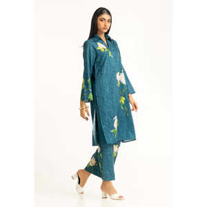 Ensemble coordonné imprimé jacquard en viscose vert sarcelle pour femme, collection printemps/été, taille XS, col ras du cou, tenue deux pièces trois-quarts en crêpe - Product Image 3