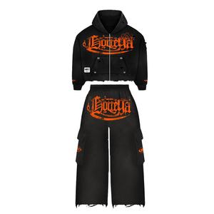 Ensemble de sweat à capuche zippé brodé unisexe vintage en détresse personnalisé poids lourd écologique coupe-vent lavé à l'acide strass - Product Image 1