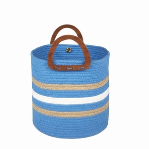 Cesta de almacenamiento de yute y algodón azul hecha a mano, organizador de mango corto ecológico para el hogar y la Oficina, cierre magnético - Product Image 1