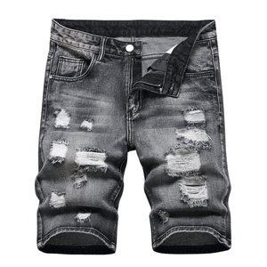 Mens <b>Black</b> Acid Wash Distressed Denim <b>Shorts</b> Cotton Straight Leg Ripped Casual Summer Five Pocket Button Zip Closure Breathable - Product Image 1