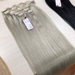 Extensiones de cabello virgen Remy rubio ceniza de Venta caliente conjunto de Color teñido con Clip recto dibujado Doble - Product Image 4