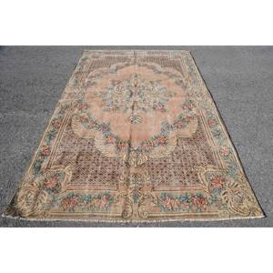 Alfombra clásica de lana turca Vintage Beige 5,8X8,9 pies, diseño de retales de tejido plano bohemio para sala de estar, pasillo, respaldo de látex, yute - Product Image 1