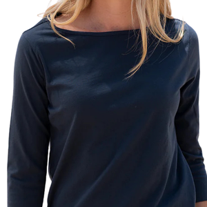 T-shirt pour femme en coton biologique de luxe 100% certifié GOTS, col bateau, manches 3/4, bleu marine, pré-rétréci, coupe classique, doux et premium - Product Image 6