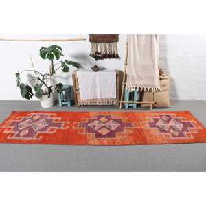 Alfombra Vintage Estilo Runner de 2.9x10.1 pies, Alfombra de Lana con Puntos Naranja y Morado - Product Image 3