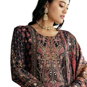 Negro Tabby seda Zari bordado Kurta Palazzo traje con estampado Dupatta mujeres al por mayor étnico OEM fábrica proveedor a granel - Product Image 2