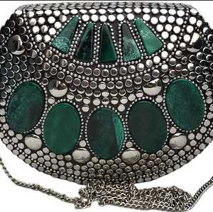 Metal & Stone Floral <b>Clutch</b> and Resin Perfect for Parties Evening <b>Bag</b> Bohemian and Antique Design Golden Color With Chain Strap - Product Image 3