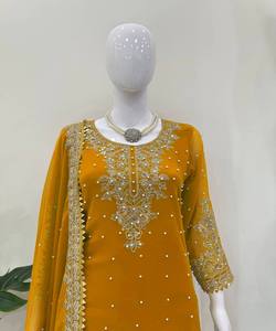 Ensemble Palazzo et Dupatta en Georgette Jaune avec Broderie Moti, Style Festif, Prix de Gros, Vêtement Ethnique Long en Rayonne – Nouvelle Collection - Product Image 3