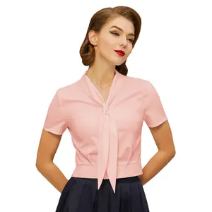 OEM Retro Vintage Short Sleeve Roll Style Collar Button Placket Elegant Ladies Tops Custom Crop Top Women