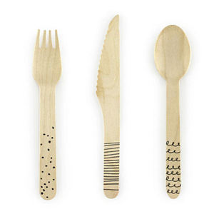 Juego de cubiertos de madera pura de 3 piezas (tenedor, cuchillo y cuchara) con acabado natural, perfecto para cenas en casa, bodas y uso elegante en la cocina. - Product Image 1