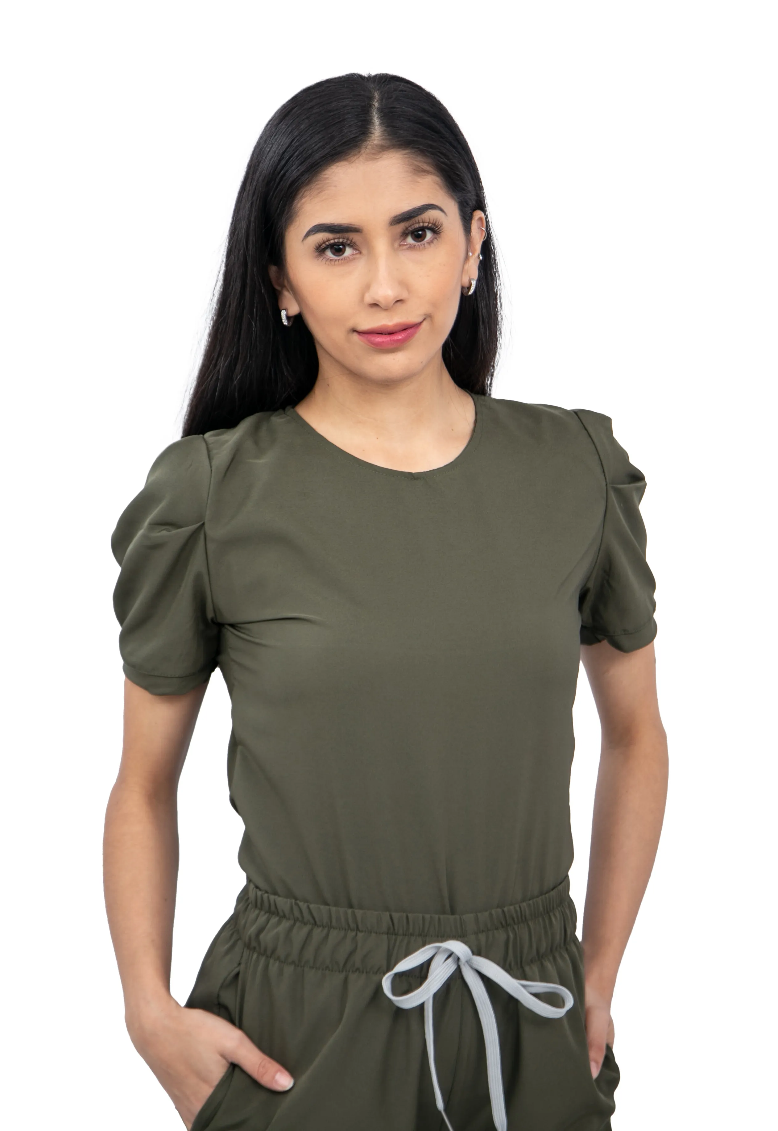 Women Antifluid Military Green Scrub Set with Round Neck Top and Stretch Jogger Pants  Cargo Pock-ets  Custom 
