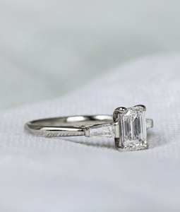 10x7mm <b>Emerald</b> Cut White CZ Three Stone Engagement <b>Ring</b> with Baguette Side Stones <b>Silver</b> Bridal Wedding Anniversary Jewelry - Product Image 2