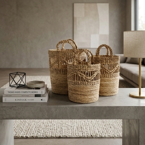 Ensemble de paniers en jacinthe d'eau et écorce de bananier naturelle, avec grille à lattes ouvertes, poignée tressée en arche, pour pot de fleurs, organisateur et décoration, Pure Art Desi - Product Image 6