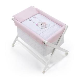 Cuna CRIB en X de haya blanca, diseño tradicional para bebés y niños, incluye ropa de cama y colchón-MOD. OSO COLUMPIO-Rosa - Product Image 1