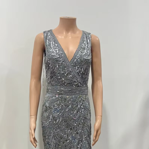 <b>Tulip</b> Ladies Elegant Anti-Static Maxi-Length A-Line Cocktail <b>Dress</b> Breathable Poly-Mesh Cut-out V-neck Pearls Beading - Product Image 1