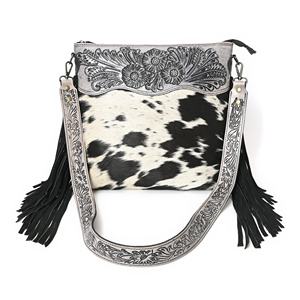 Bolso Bandolera de Cuero Vacuno Hecho a Mano para Mujer con Flecos de Gamuza y Tallado Floral - Product Image 5