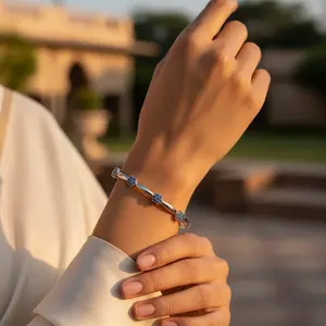 Women's Silver Blue <b>Beaded</b> <b>Bracelet</b> with Geometric Design Fashionable Religious Orthodox Jewelry for Anniversaries - Product Image 1