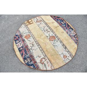 Alfombra Turca Redonda de 4.3x4.3 pies, Alfombra de Lana con Rayas Azules y Rojas - Product Image 2