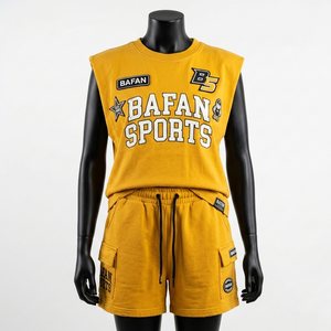 Conjunto de Camiseta sin Mangas y Pantalones Cortos para Mujer, 220 GSM, Algodón Premium, Felpa de Poliéster, Color Mostaza, Ropa Deportiva, Logotipo Personalizado - Product Image 3