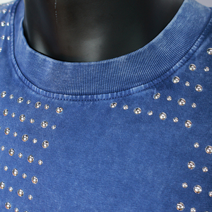 T-shirts personnalisés OEM avec strass pour hommes, manches courtes, style vintage hip-hop, t-shirt en tissu crocheté avec broderie de strass - Product Image 2