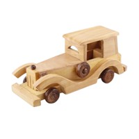Coche de colección de madera vintage hecho a mano con ruedas móviles, guardabarros laterales curvos y diseño de cabina de caja clásica para regalos ecológicos