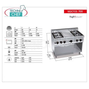 Cuisinière combinée avec plaque chauffante et 4 brûleurs sur four à gaz GN 2/1, Kw.35,8 - Product Image 3