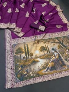 Banarasi suave Lichi seda Sari moderno elegante indio y paquistaní ropa para bodas Diwali verano tendencia Sari - Product Image 3