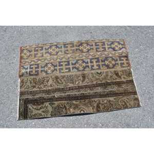 Vintage Turkish Small Rug 2.6x3.7 ft, <b>Brown</b> Blue Check <b>Wool</b> Rug - Product Image 3