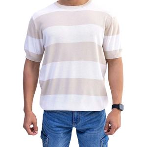 เสื้อยืดถักลายทางวินเทจ สีเบจและสีขาว ลายทางแนวนอน สำหรับผู้ชาย เสื้อยืดเนื้อผ้าพรีเมียม แขนสั้น รับสกรีนโลโก้ - Product Image 2