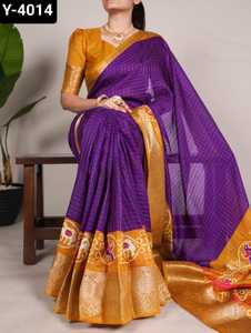 Dernier mariage indien et festival fonction porter Tussar Chex Saree avec tissage travail bordure chemisier pièces pour femmes porter Saree - Product Image 3