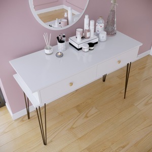 Compact Scandinavian Design Dressing <b>Table</b> with 2 Drawers & <b>Mirror</b> Solid Wood & MDF Chest of Drawers BTD68018 - Product Image 3