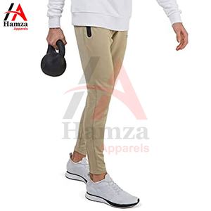 Pantalones de hombre elegantes Beige Slim Fit Joggers tela elástica ligera 250 GSM bolsillos laterales modernos con cremallera Casual Athleisure Wear - Product Image 5
