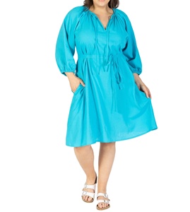Vestido casual de verano de gasa para mujer de talla grande, cuello en V, corte A, largo hasta la rodilla, manga abullonada 3/4, azul liso con bolsillos y capa transparente - Product Image 1