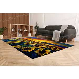 Alfombra con paisaje natural al atardecer, alfombra impresa, alfombra con pintura de campo de girasoles, alfombra suave no tejida - Product Image 3