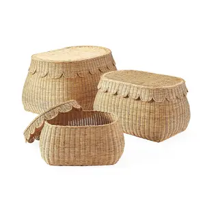 New Item Wicker Rattan Scalloped Basket Storage Home Decoration Natural Woven Storage Basket made in Vietnam