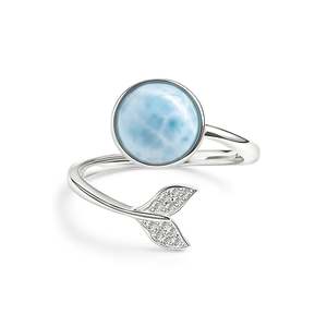 Bague ouverte Jeulia en argent sterling plaqué rhodium avec larimar et pavé en forme de queue de sirène - Product Image 1